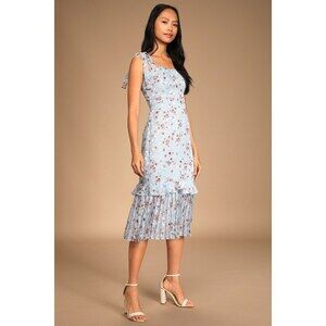 Lulus Terrace Views Light Blue Floral Print Tiered Midi Dress - Size L